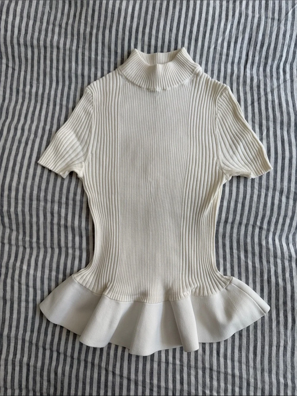Alexander Wang Cream Ribbed Peplum Short-Sleeve Top
